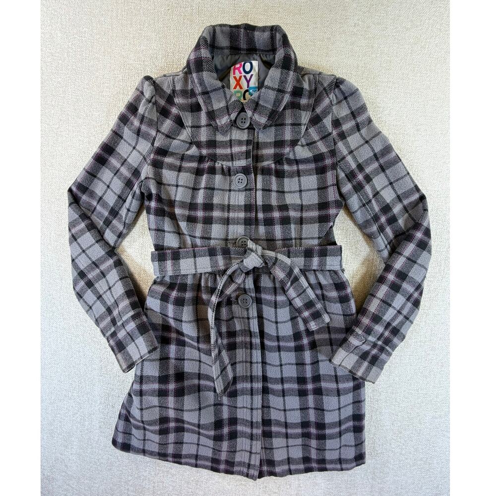Roxy Women's Small Gray Pink Plaid Y2K Button Front Vintage Casual Shirt Jacket